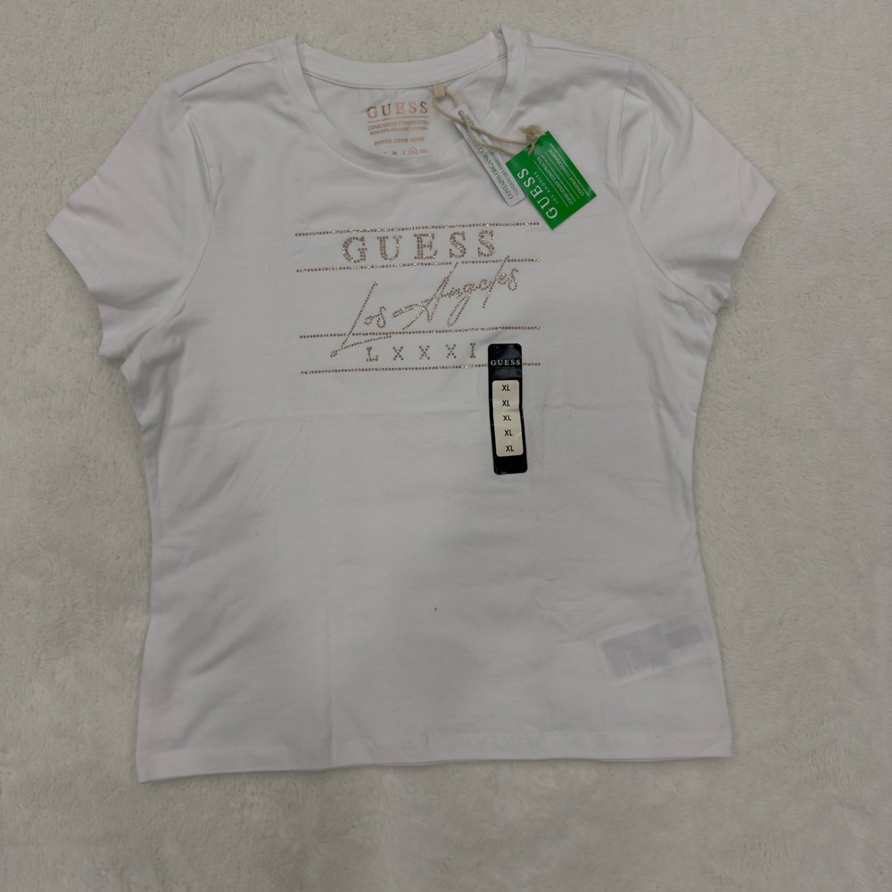 Guess Los Angeles Rhinestone Graphic Tee White Fitted Crew Neck XL QBV171